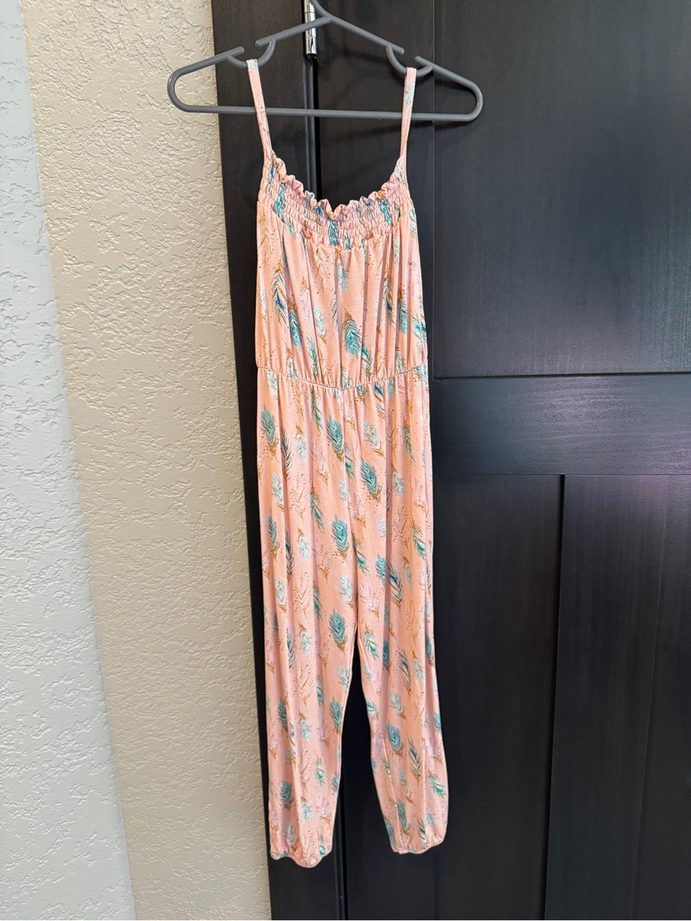 Kids Peach Printed Romper Jumpsuit with Adjustable Straps